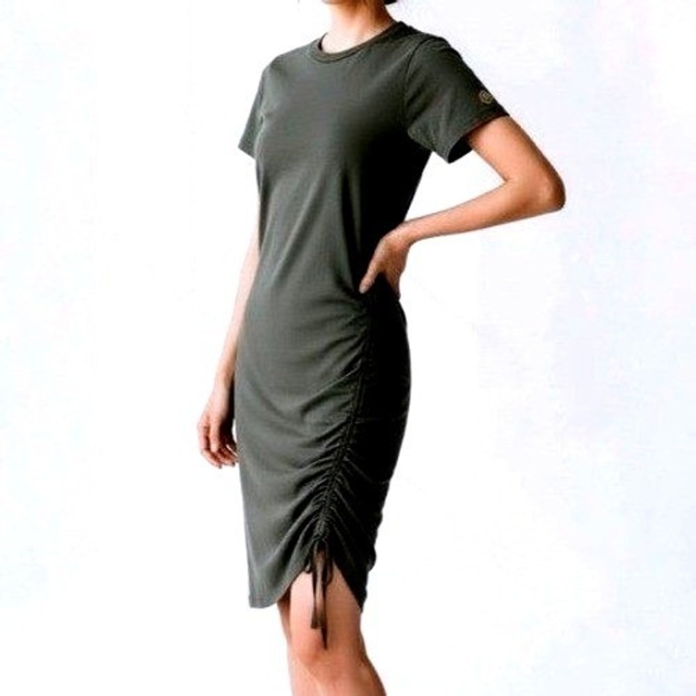 Michael Kors Women Olive Green Ruched Side Drawstring T-Shirt Dress XS